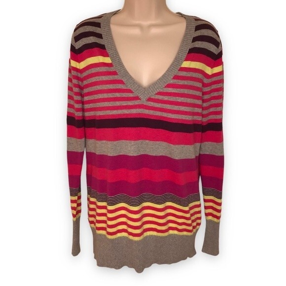 Old Navy Multicolor Stripe Deep V Neck Long Sleeve Sweater Women Size Large - Picture 1 of 11